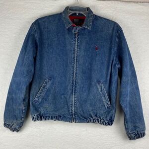 Vtg Polo Ralph Lauren Denim Jacket Mens Medium Blue Harrington Bomber Red Lining